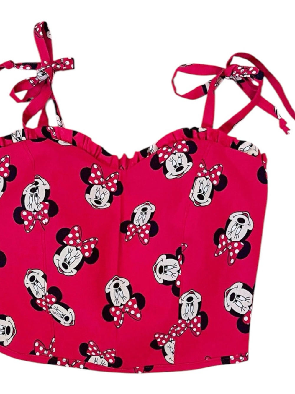 Minnie Mouse Print Pink Tie-Shoulder Crop Top